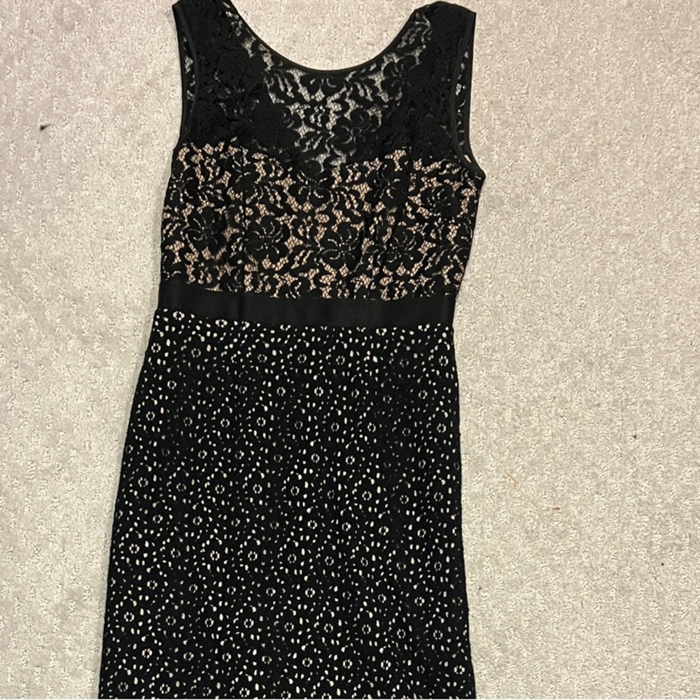 BCBGMaxAzria Elegant Black and Cream Lace Midi Dress
